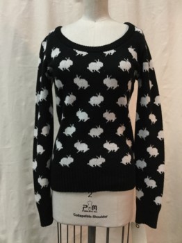 Womens, Pullover, BOUTIQUE XXI, Black, White, Synthetic, Novelty Pattern, S, Black, White Bunny Print, Scoop Neck, Long Sleeves,