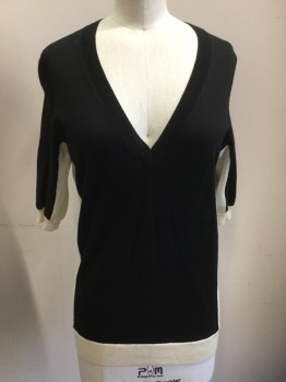 Womens, Pullover, BCBG MAXAZARIA, Black, Beige, Wool, Color Blocking, XS, Short Sleeves, V-neck, Beige Sides and Cuffs