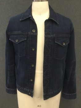 Mens, Jean Jacket, RAG & BONE, Dk Blue, Cotton, Polyurethane, Solid, M, Button Front, Collar Attached, 2 Chest Flap Pockets, 2 1/2 Welt Pockets, Long Sleeves, Button Cuffs, Button Tabs Back Waist, Pleated From Front Yoke to Waistband Near Placket