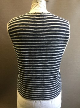 STRUCTURE, Oatmeal Brown, Navy Blue, Cotton, Stripes, 90's Style. Cotton Knit Vest, Oatmeal Cream & Navy Horizontal Wide Stripes at Front, V. Neck with 4 Button Clos., Navy & Oatmeal Cream Horizontal Stripes at Back. Blanket Stitch Trim