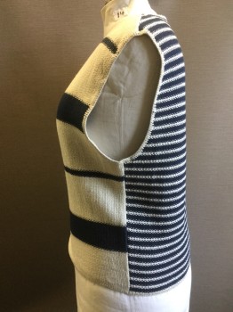 STRUCTURE, Oatmeal Brown, Navy Blue, Cotton, Stripes, 90's Style. Cotton Knit Vest, Oatmeal Cream & Navy Horizontal Wide Stripes at Front, V. Neck with 4 Button Clos., Navy & Oatmeal Cream Horizontal Stripes at Back. Blanket Stitch Trim