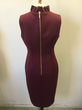 Womens, Dress, Sleeveless, CALVIN KLEIN, Maroon Red, Polyester, Spandex, Solid, 8, V-neck with Face Framing Ruffle, Center Back Zipper, Knit, Sheath