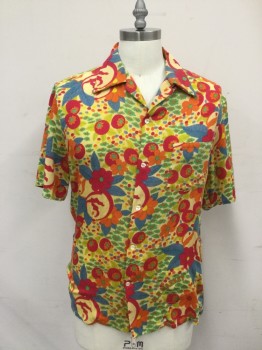 Mens, Hawaiian Shirt, H RANCH MARKET, Yellow, Hot Pink, Orange, Black, Gray, Acrylic, Floral, M, Bright Multi Floral Pattern Print, Button Front, Short Sleeves, Collar Attached, Pocket