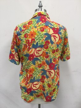 Mens, Hawaiian Shirt, H RANCH MARKET, Yellow, Hot Pink, Orange, Black, Gray, Acrylic, Floral, M, Bright Multi Floral Pattern Print, Button Front, Short Sleeves, Collar Attached, Pocket