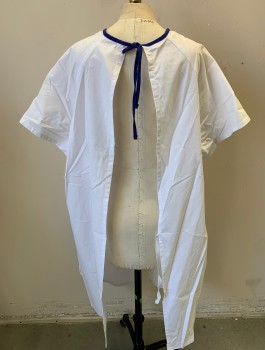 N/L, White, Royal Blue, Cotton, Solid, White with Royal Blue 3/8" Wide Trim at Round Neck, Short Sleeves, Open in Back with Self Ties at Neck