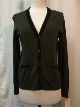 Womens, Sweater, JCREW, Olive Green, Wool, Acrylic, Heathered, S, Heather Olive, Velvet Trim, Button Front, 2 Pockets,