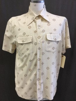 NO LABEL , Tan Brown, Dk Brown, Lt Brown, Polyester, Cotton, Dots, Novelty Pattern, Collar Attached, Button Front, 2 Pockets with Flap, Short Sleeves,