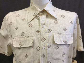 NO LABEL , Tan Brown, Dk Brown, Lt Brown, Polyester, Cotton, Dots, Novelty Pattern, Collar Attached, Button Front, 2 Pockets with Flap, Short Sleeves,