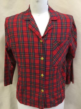 Mens, Sleepwear PJ Top, JOE BOXER, Red, Green, Blue, Black, Yellow, Cotton, Plaid, M, Top:  Red with Green/blue/black/yellow Plaid, Collar Attached, Button Front, 1 Pocket, Long Sleeves, with Matching Pants