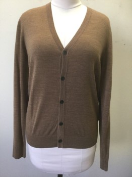 Womens, Sweater, UNIQLO, Lt Brown, Wool, Solid, M, Knit, Long Sleeves, V-neck, 5 Black Buttons at Front