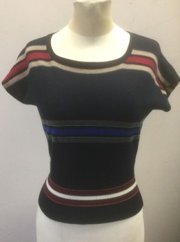 Womens, Sweater, DIANE DE CLERCQ, Navy Blue, Wool, Stripes - Horizontal , S, Knit Sweater Top,  Navy with Multicolor Stripes, Cap Sleeves, Square Neck, Short Waisted and Fitted,