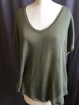 Womens, Top, OUT FROM UNDER, Olive Green, Polyester, Rayon, Solid, S, Texture, Wide Neck, Cut-off Sleeves,
