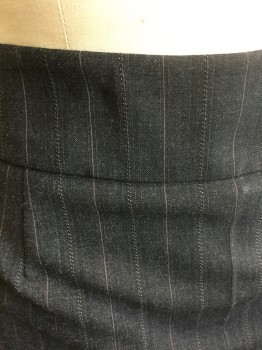 CLASSIQUES ENTIER, Dk Gray, Brown, Polyester, Rayon, Stripes - Pin, Dark Gray with Brown Pinstripes, Pencil Skirt, Hem Below Knee