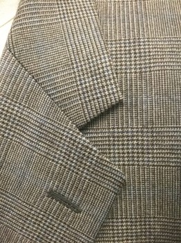 ZARA MAN , Tan Brown, Dk Brown, Gray, Wool, Glen Plaid, Single Breasted, Notched Lapel, 2 Buttons, 3 Pockets, Solid Brown Lining