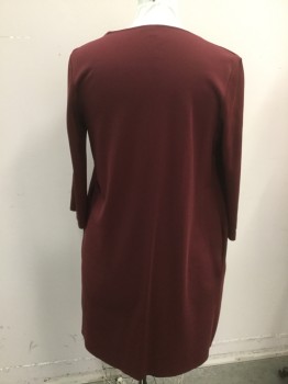 Womens, Dress, Long & 3/4 Sleeve, COS, Maroon Red, Polyester, Rayon, Solid, B42, Large, H46, Pullover, Asymmetrical Neckline and Drape, Pockets, Raw Edge Hem