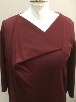 Womens, Dress, Long & 3/4 Sleeve, COS, Maroon Red, Polyester, Rayon, Solid, B42, Large, H46, Pullover, Asymmetrical Neckline and Drape, Pockets, Raw Edge Hem