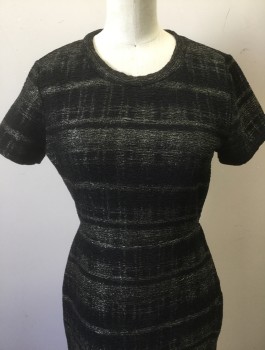 Womens, Dress, Short Sleeve, AQUA, Black, Silver, Polyester, Speckled, Stripes - Horizontal , S, Faint Irridescent Shadow Stripes, Crinkled Texture Fabric, Short Sleeves, Crew Neck, Form Fitting, Hem Above Knee, Wrap Detail at Hip, Invisible Zipper at Center Back