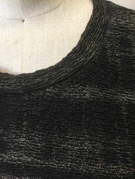 Womens, Dress, Short Sleeve, AQUA, Black, Silver, Polyester, Speckled, Stripes - Horizontal , S, Faint Irridescent Shadow Stripes, Crinkled Texture Fabric, Short Sleeves, Crew Neck, Form Fitting, Hem Above Knee, Wrap Detail at Hip, Invisible Zipper at Center Back