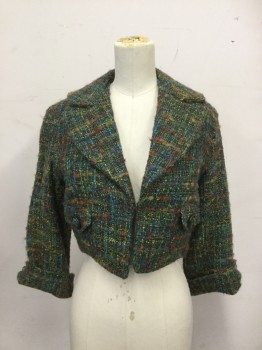 LOUIS VERDAD, Green, Red, Peach Orange, Blue, Rust Orange, Acrylic, Viscose, Tweed, Crop, Squared Off Collar Attached, Peaked Lapel, Open Front, 2 Small Flap Pockets with Button Detail, 3/4 Sleeves with Rolled Back Buttoned Cuffs