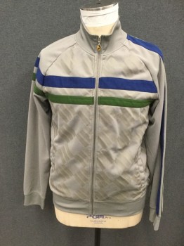 GROGGY, Lt Gray, Purple, Blue, Green, Cotton, Polyester, Track Suit-like Jackets, Zip Front, Lt Gray with Blue/Green Stripes Across Chest and Down Sleeves, Putty Diagonal Checked Stripes, 2 Pockets, Ribbed Knit Band Collar/Waistband/Cuff