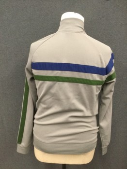 GROGGY, Lt Gray, Purple, Blue, Green, Cotton, Polyester, Track Suit-like Jackets, Zip Front, Lt Gray with Blue/Green Stripes Across Chest and Down Sleeves, Putty Diagonal Checked Stripes, 2 Pockets, Ribbed Knit Band Collar/Waistband/Cuff
