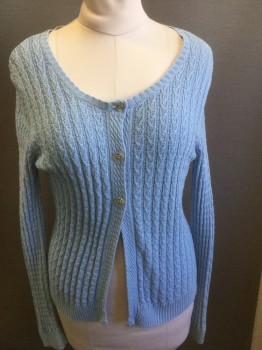 TALBOTS, Lt Blue, Cotton, Cable Knit, Scoop Neck, Button Front, Long Sleeves, Clear Buttons