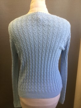 TALBOTS, Lt Blue, Cotton, Cable Knit, Scoop Neck, Button Front, Long Sleeves, Clear Buttons