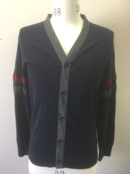 Mens, Cardigan Sweater, BANANA REPUBLIC, Navy Blue, Gray, Maroon Red, Cotton, Modal, Solid, Stripes, M, Dark Navy Solid Knit with 1" Wide Gray Edging at V-neck and Button Placket, Gray and Maroon 1" Stripes on Each Sleeve, 5 Buttons