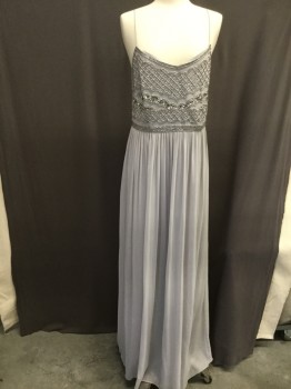 Womens, Evening Gown, ADRIANNA PAPELL, Dove Gray, Silk, Solid, 12, Spaghetti Strap, Silver and Pewter Detailed Beading, Gathered Chiffon Skirt at Waist, Beaded Waist Band