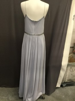 Womens, Evening Gown, ADRIANNA PAPELL, Dove Gray, Silk, Solid, 12, Spaghetti Strap, Silver and Pewter Detailed Beading, Gathered Chiffon Skirt at Waist, Beaded Waist Band