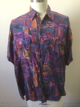 WHITBY, Multi-color, Purple, Magenta Pink, Orange, Mustard Yellow, Silk, Abstract , Funky Pattern, Short Sleeve Button Front, Collar Attached, 2 Pockets with Button Flap Closures, Late 1980's/Early 1990's