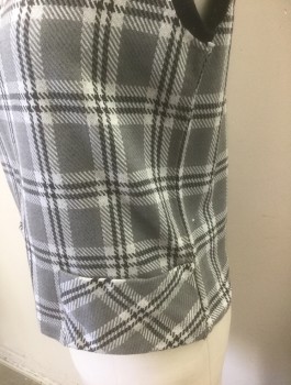 TUSCANY KNITS, Gray, Black, White, Plaid-  Windowpane, Knit Shell Top, Gray Plaid, Sleeveless, with Black Solid Rib Knit Mock Neck and Arm Openings, 2 Patch Pockets at Hips,