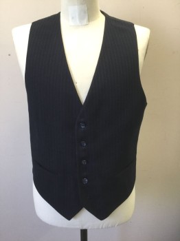 YVES ST. LAURENT, Navy Blue, Lt Gray, Wool, Stripes - Pin, 5 Buttons, 2 Welt Pockets, Black Lining and Back with "YvesSaintLaurent" Repeating Text Pattern,
