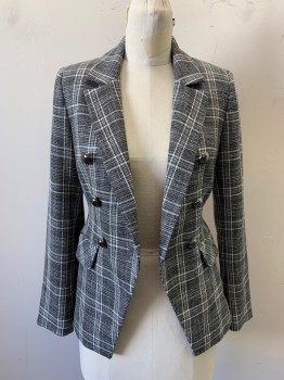 Womens, Blazer, LINI, Black, White, Polyester, Viscose, Plaid, B32, XS, Single Breasted, 6 Buttons, 2 Button Holes Center Front for a Link Front Closure, 2 Faux Pockets, 5 Buttons on Sleeves