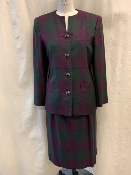 Womens, 1980s Vintage, Suit, Jacket, LE SUIT, Plum Purple, Green, Black, Rayon, Polyester, Houndstooth, Plaid, 10, Shoulder Pads, Single Breasted, Button Front, Navy Buttons, 3 Pockets