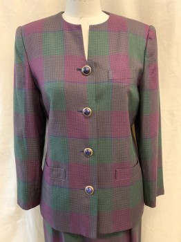 LE SUIT, Plum Purple, Green, Black, Rayon, Polyester, Houndstooth, Plaid, Shoulder Pads, Single Breasted, Button Front, Navy Buttons, 3 Pockets