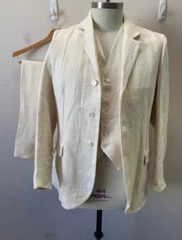 Mens, 1920s Vintage, Suit, Jacket, DARCY, Cream, Linen, Herringbone, Solid, W43, 44R, Open, Single Breasted, Notched Lapel, 3 Buttons,  2 Pockets, Reproduction