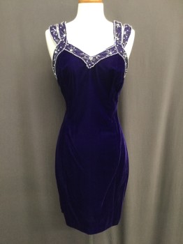 Womens, Cocktail Dress, ROBERTA, Purple, Rayon, Beaded, Solid, 9/10, Velvet with Silver/ Blue Beaded Detail Around Front Neckline and Front Straps, 1"  Double Shoulder Straps, Knee Length , Fitted, Zipper Back