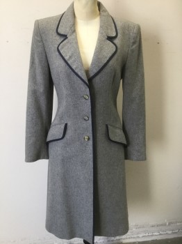 Womens, Coat, JAEGER, Heather Gray, Navy Blue, Wool, Solid, B:34, XS, Navy Trim/Edging at Rounded Notched Lapel, 2 Flap Pockets, Single Breasted, 3 Buttons, Knee Length, Padded Shoulders, Peach Silk Lining,