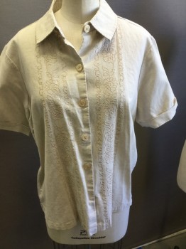 Womens, Shirt, CLASSIC ELEMENTS, Tan Brown, Cotton, Solid, B38, M, Petite, Collar Attached, Button Front, Short Sleeves, Embroidered Floral Stripe Down Front,