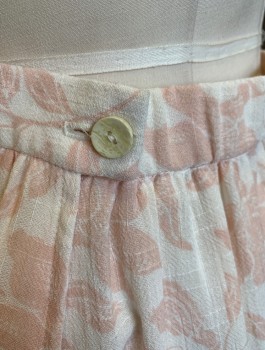 Womens, 1980s Vintage, Skirt, KORET, Off White, Lt Pink, Rayon, Leaves/Vines , W:31-2, 1" Wide Waistband with Elastic in Back, Gathered at Waist, Mid Calf Length, 1 Pocket at Side, Button Closures at Side Waist,