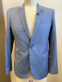 Mens, Sportcoat/Blazer, TOPMAN, French Blue, Polyester, Viscose, Solid, 42R, Single Breasted, Peaked Lapel, 1 Button, 3 Pockets, Slim Fit, 1 Vent