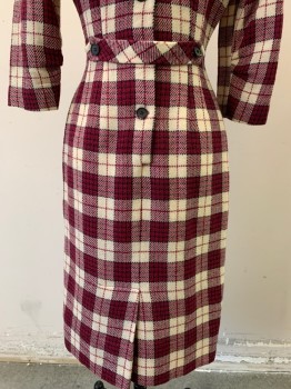 N/L, Red, Ivory White, Black, Acrylic, Plaid-  Windowpane, Round Neck with Scarf Attached, Long Sleeves, 6 Buttons Center Back with Little Waist Belt, Center Back Kick Pleat,