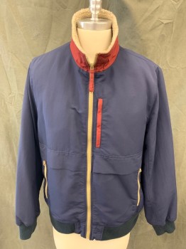 Mens, Casual Jacket, J. CREW, Navy Blue, Nylon, Solid, M, Zip Front, 3 Zip Pockets, Long Sleeves, Maroon Under Collar and Upper Pocket Trim, Cream Fleece Lining, Solid Navy Ribbed Knit Waistband/Cuff, Flap Across Lower Chest