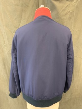 Mens, Casual Jacket, J. CREW, Navy Blue, Nylon, Solid, M, Zip Front, 3 Zip Pockets, Long Sleeves, Maroon Under Collar and Upper Pocket Trim, Cream Fleece Lining, Solid Navy Ribbed Knit Waistband/Cuff, Flap Across Lower Chest