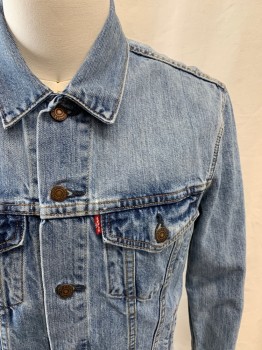 Mens, Jean Jacket, LEVI'S, Lt Blue, Cotton, Solid, S, Button Front, Collar Attached, 4 Pockets, Button Cuff, Button Tabs at Back Waistband