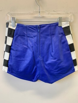 Womens, Shorts, SHAMEES, Royal Blue, Black, White, Leather, H:34, W:26, Solid Royal Blue with Black & White Checkered Sides, High Waisted, 1.5" Inseam, Invisible Zipper at Center Back, **Slightly Worn at Waist