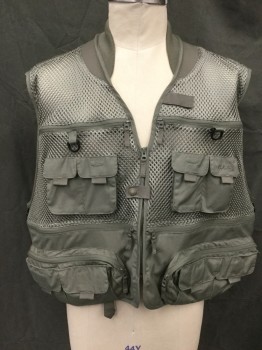 Mens, Wilderness Vest, CABELA'S, Olive Green, Polyester, Cotton, Solid, 4XL, Mesh Top Half, Zip Front, V-neck, Lots of Pockets, Back Zip Yoke Vent, Tab Plastic Snap Front, Ribbed Knit Bomber Collar, 2 Back Zip Pockets, Hunting and Fishing