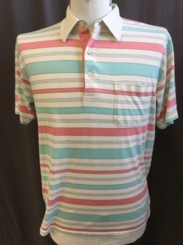 CHRISTOPHER HAYES, Off White, Mint Green, Salmon Pink, Navy Blue, Cotton, Polyester, Stripes - Horizontal , Solid Off White Collar Attached, 3 Button Front, 1 Pocket, Short Sleeves, (1 Hole on Left Shoulder--see Pic)
