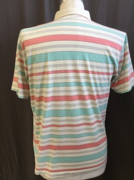 CHRISTOPHER HAYES, Off White, Mint Green, Salmon Pink, Navy Blue, Cotton, Polyester, Stripes - Horizontal , Solid Off White Collar Attached, 3 Button Front, 1 Pocket, Short Sleeves, (1 Hole on Left Shoulder--see Pic)